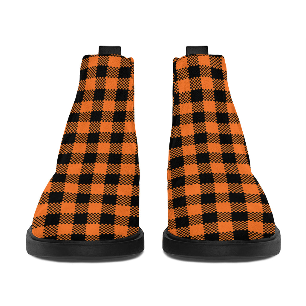 Orange Buffalo Plaid Print Flat Ankle Boots