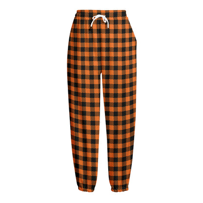 Orange Buffalo Plaid Print Fleece Lined Knit Pants