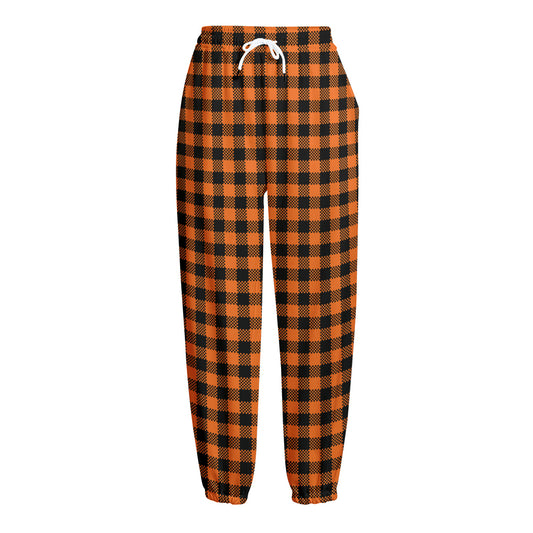 Orange Buffalo Plaid Print Fleece Lined Knit Pants