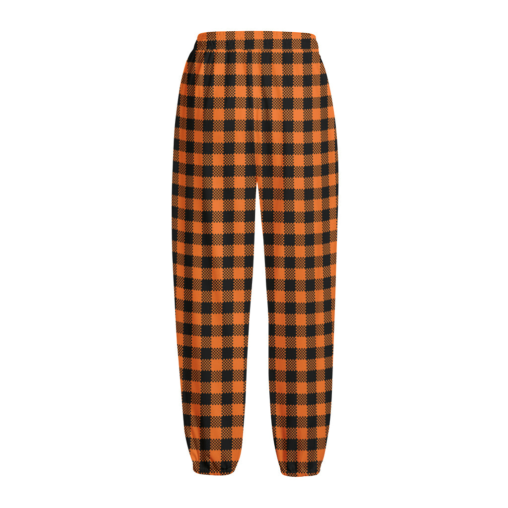Orange Buffalo Plaid Print Fleece Lined Knit Pants