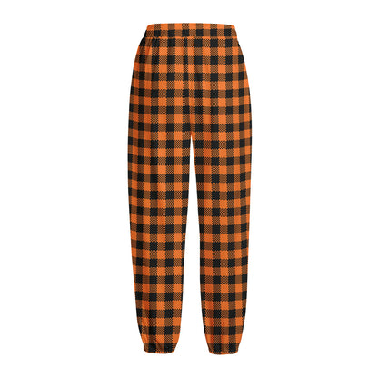 Orange Buffalo Plaid Print Fleece Lined Knit Pants