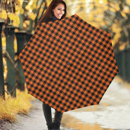 Orange Buffalo Plaid Print Foldable Umbrella