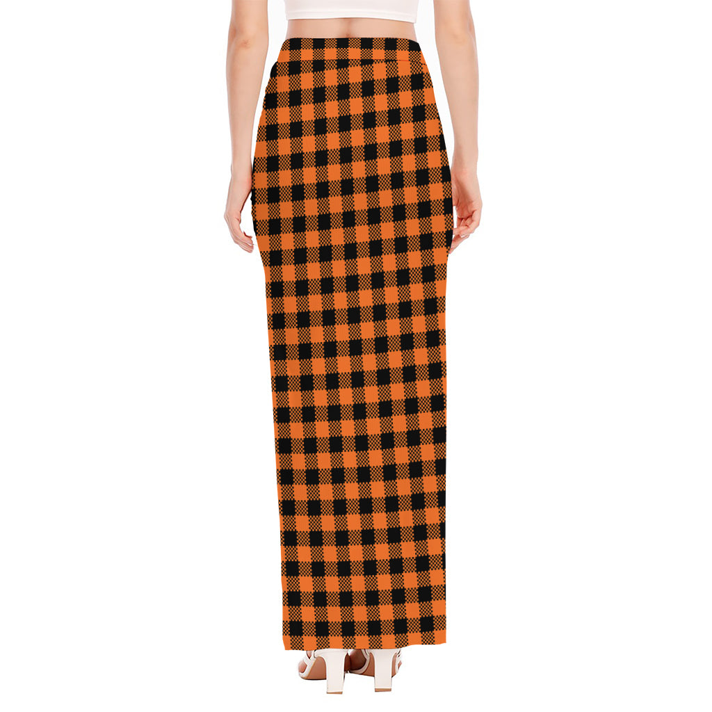 Orange Buffalo Plaid Print High Slit Maxi Skirt