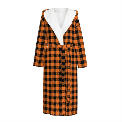 Orange Buffalo Plaid Print Hooded Bathrobe