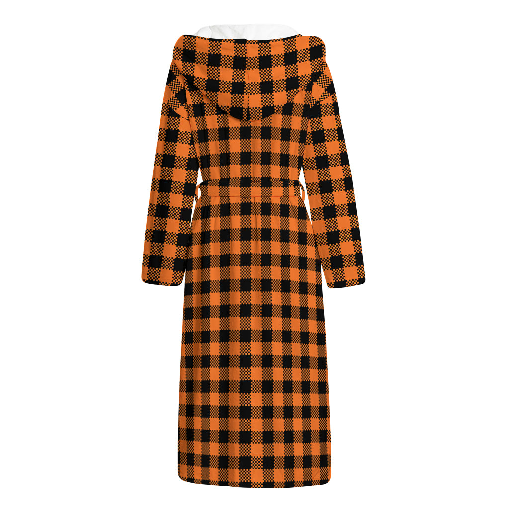 Orange Buffalo Plaid Print Hooded Bathrobe