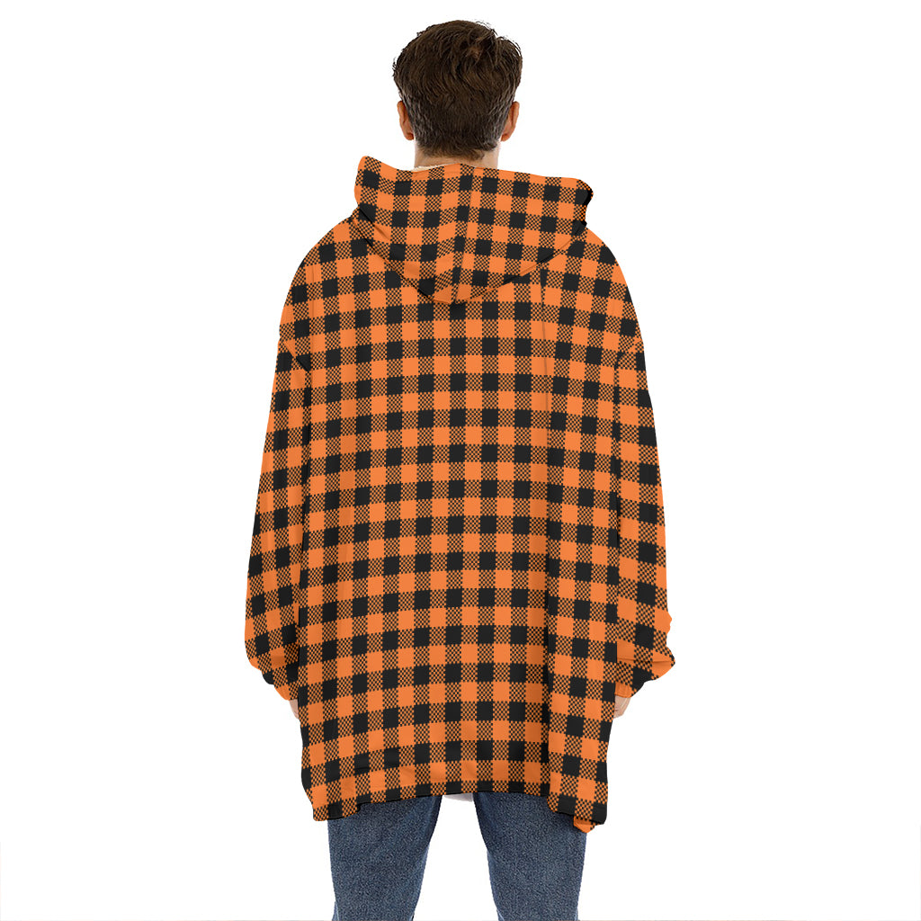 Orange Buffalo Plaid Print Hoodie Blanket