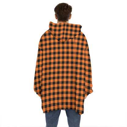 Orange Buffalo Plaid Print Hoodie Blanket