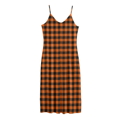 Orange Buffalo Plaid Print Jersey Midi Cami Dress
