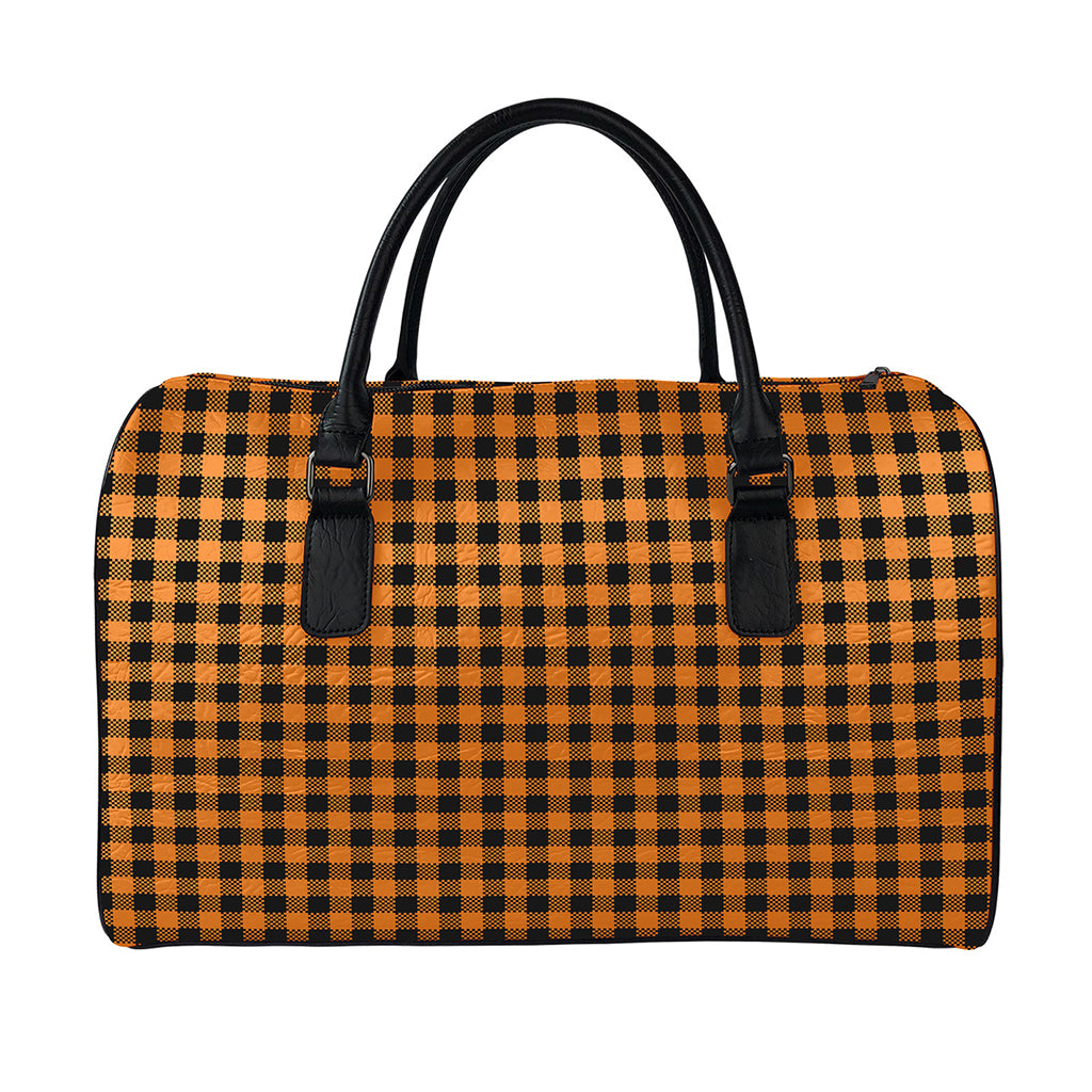 Orange Buffalo Plaid Print Leather Duffle Bag