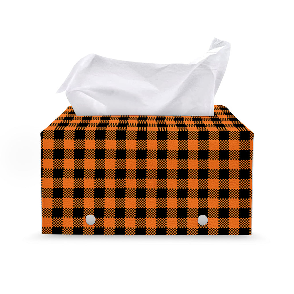 Orange Buffalo Plaid Print Leather Tissue Box Cover