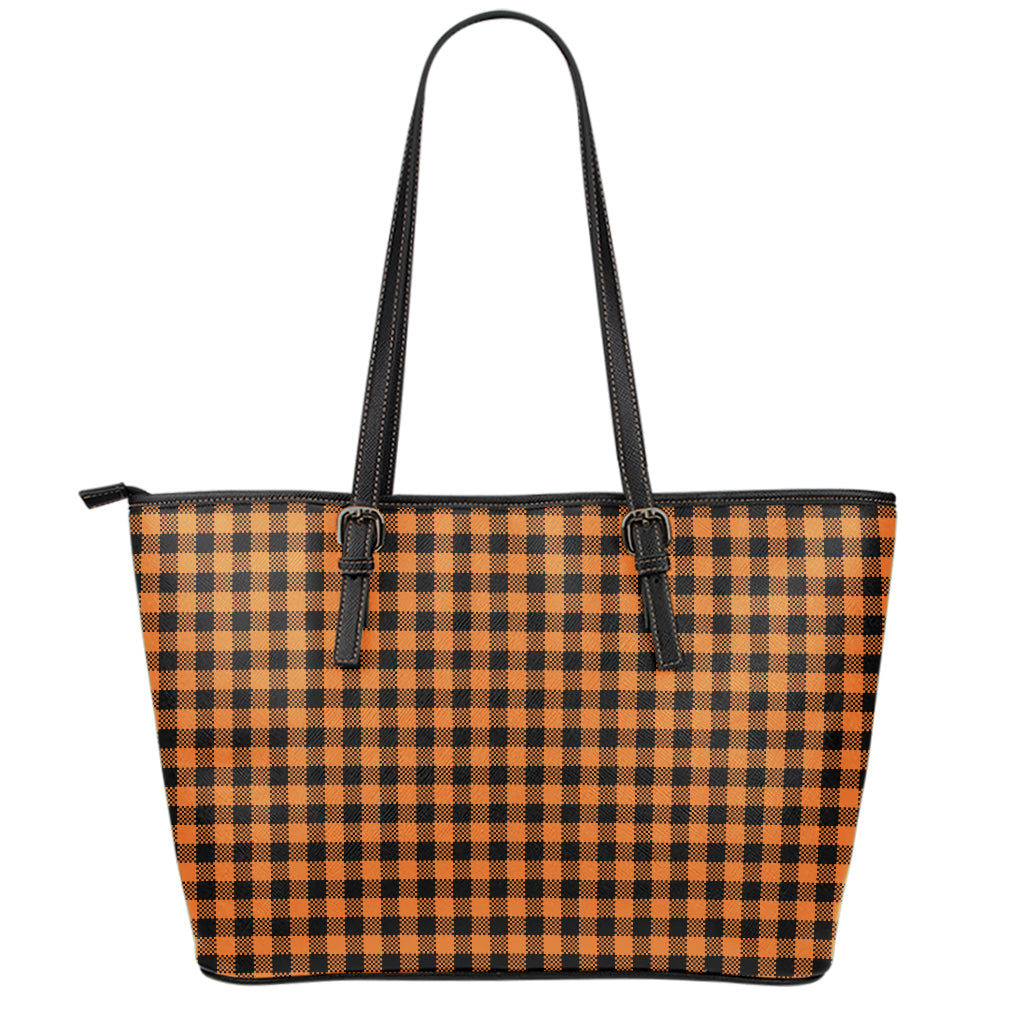 Orange Buffalo Plaid Print Leather Tote Bag