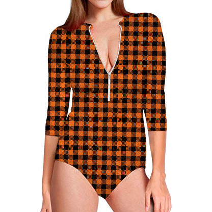 Orange Buffalo Plaid Print Long Sleeve Swimsuit