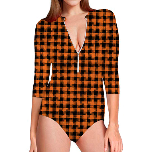 Orange Buffalo Plaid Print Long Sleeve Swimsuit