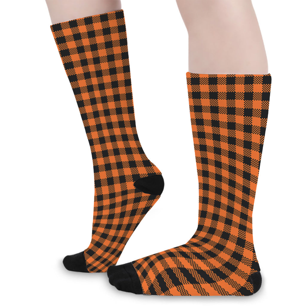 Orange Buffalo Plaid Print Long Socks