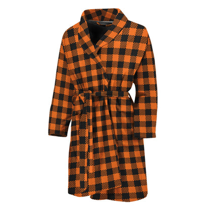 Orange Buffalo Plaid Print Men's Bathrobe