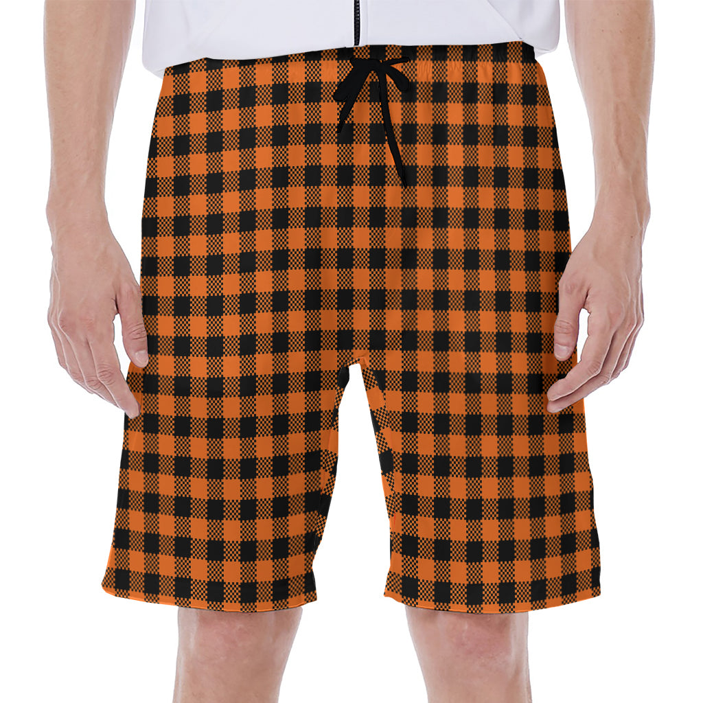 Orange Buffalo Plaid Print Men's Beach Shorts