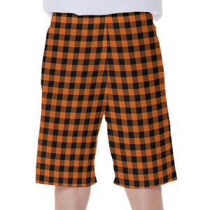 Orange Buffalo Plaid Print Men's Beach Shorts