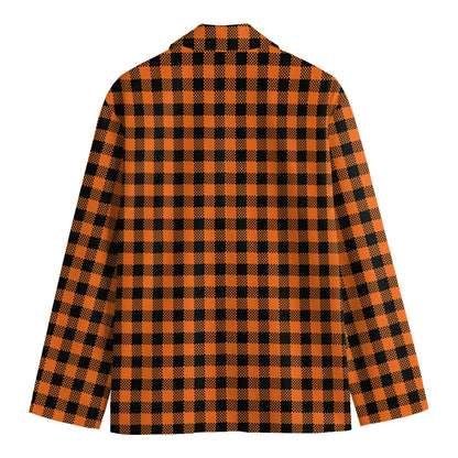 Orange Buffalo Plaid Print Men's Cotton Blazer