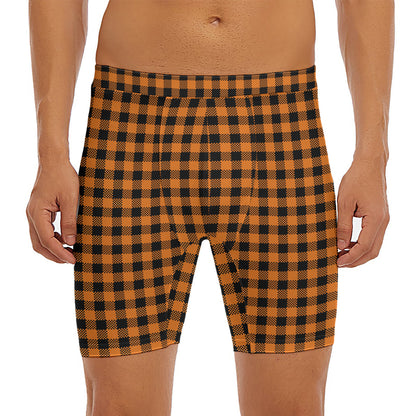 Orange Buffalo Plaid Print Men's Long Boxer Briefs