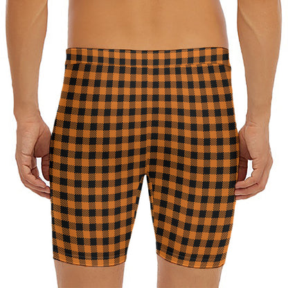 Orange Buffalo Plaid Print Men's Long Boxer Briefs