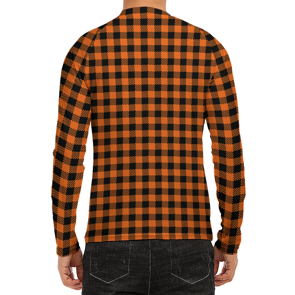 Orange Buffalo Plaid Print Men's Long Sleeve Rash Guard