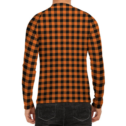 Orange Buffalo Plaid Print Men's Long Sleeve Rash Guard