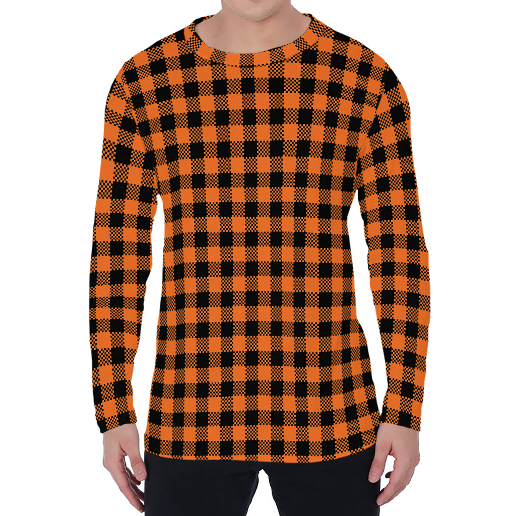 Orange Buffalo Plaid Print Men's Long Sleeve T-Shirt