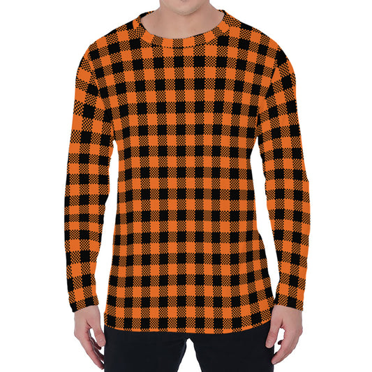 Orange Buffalo Plaid Print Men's Long Sleeve T-Shirt