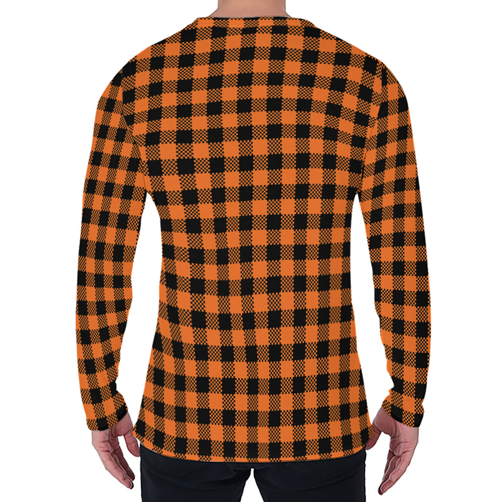 Orange Buffalo Plaid Print Men's Long Sleeve T-Shirt