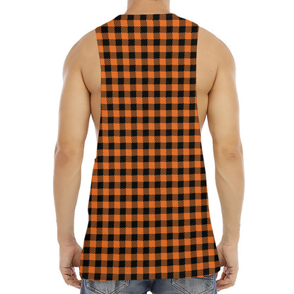Orange Buffalo Plaid Print Men's Muscle Tank Top