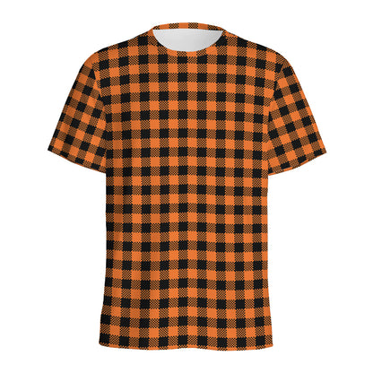 Orange Buffalo Plaid Print Men's Sports T-Shirt