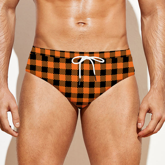 Orange Buffalo Plaid Print Men's Swim Briefs