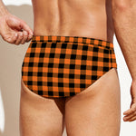 Orange Buffalo Plaid Print Men's Swim Briefs