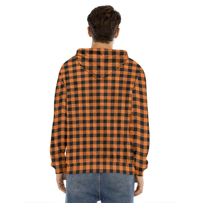 Orange Buffalo Plaid Print Men's Velvet Pullover Hoodie
