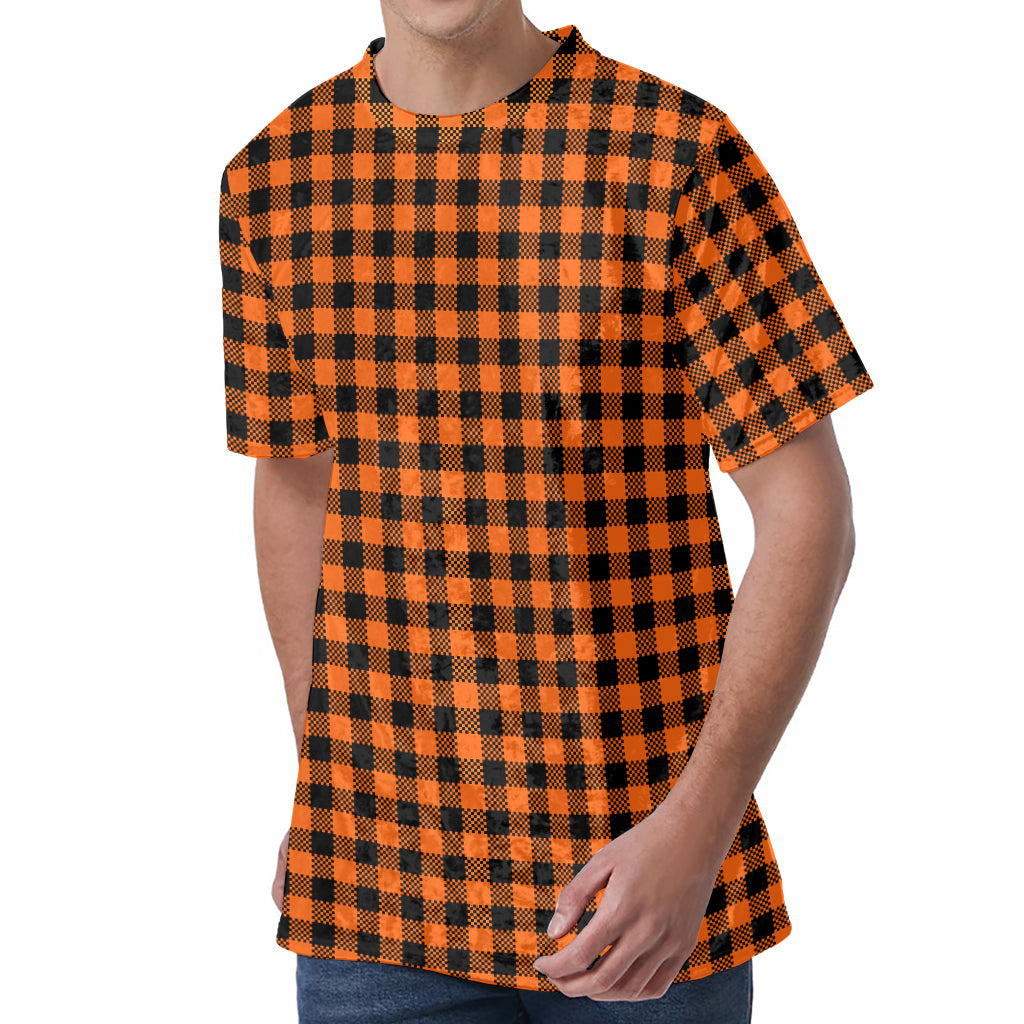 Orange Buffalo Plaid Print Men's Velvet T-Shirt