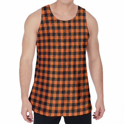Orange Buffalo Plaid Print Men's Velvet Tank Top