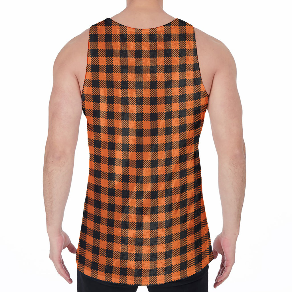 Orange Buffalo Plaid Print Men's Velvet Tank Top