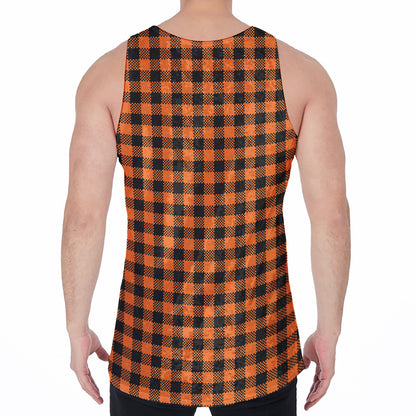 Orange Buffalo Plaid Print Men's Velvet Tank Top