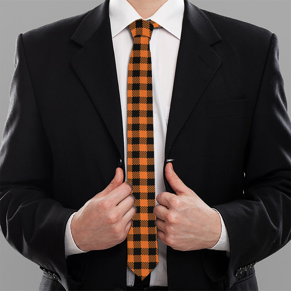 Orange Buffalo Plaid Print Necktie