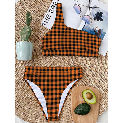 Orange Buffalo Plaid Print One Shoulder Bikini Top