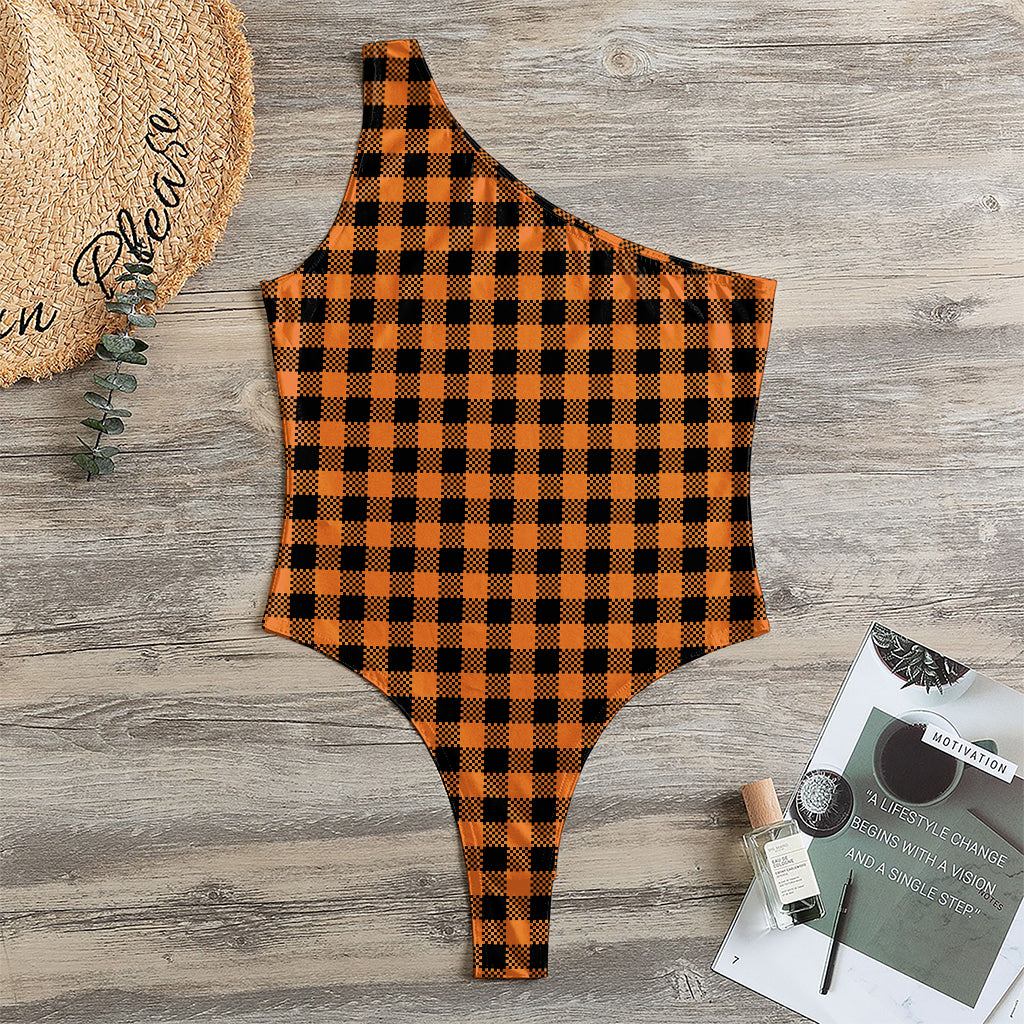 Orange Buffalo Plaid Print One Shoulder Bodysuit