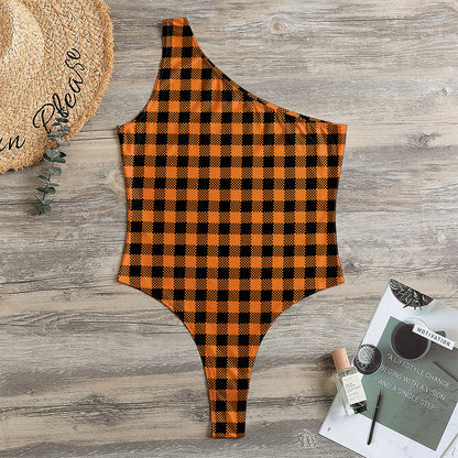 Orange Buffalo Plaid Print One Shoulder Bodysuit