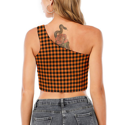 Orange Buffalo Plaid Print One Shoulder Crop Top