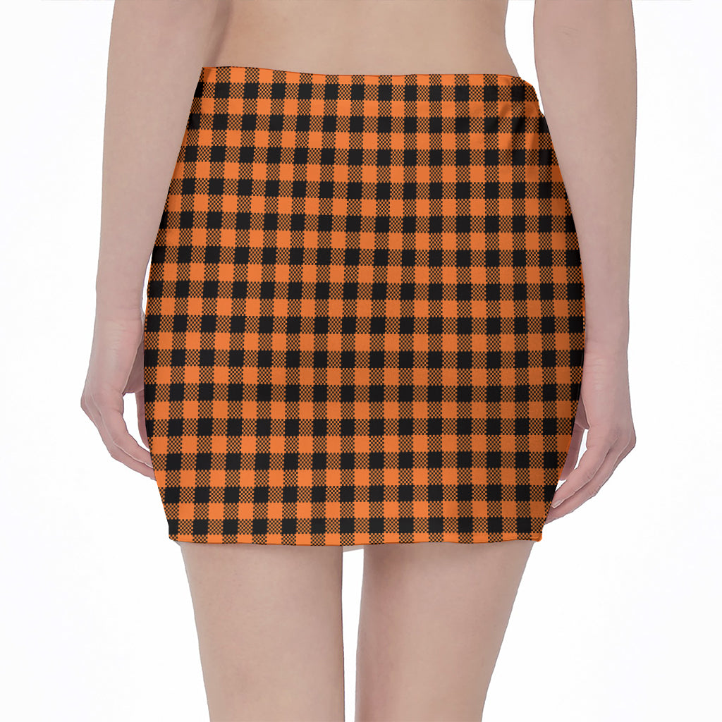 Orange Buffalo Plaid Print Pencil Mini Skirt