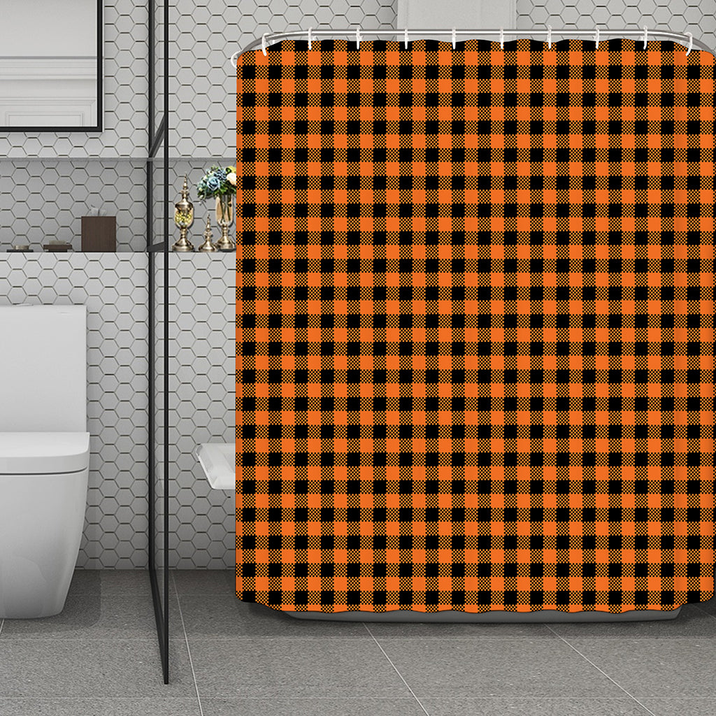 Orange Buffalo Plaid Print Polyester Shower Curtain