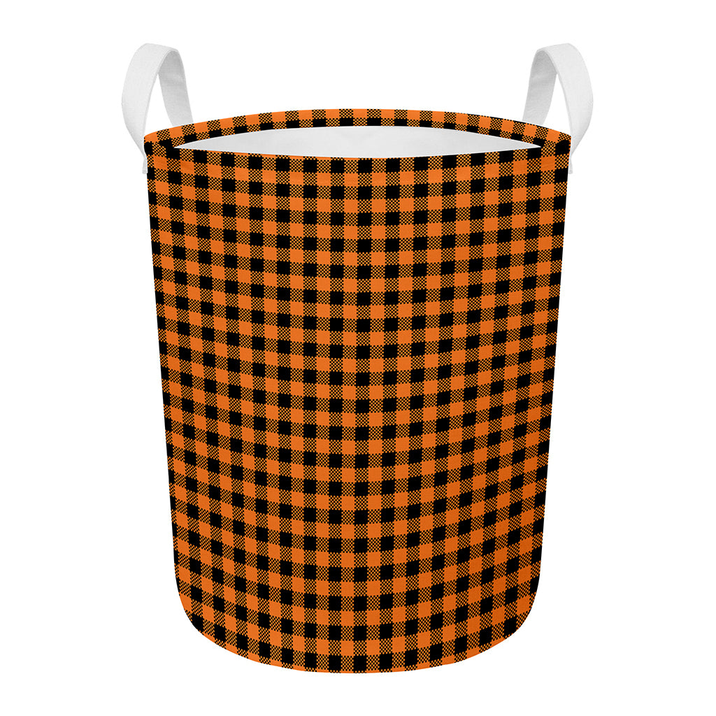 Orange Buffalo Plaid Print Round Laundry Basket