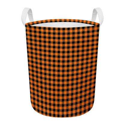 Orange Buffalo Plaid Print Round Laundry Basket