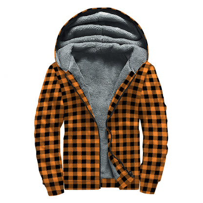Orange Buffalo Plaid Print Sherpa Lined Zip Up Hoodie