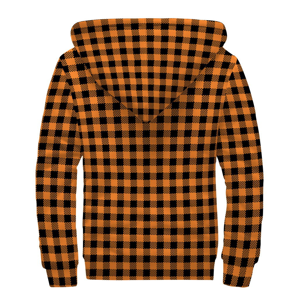 Orange Buffalo Plaid Print Sherpa Lined Zip Up Hoodie