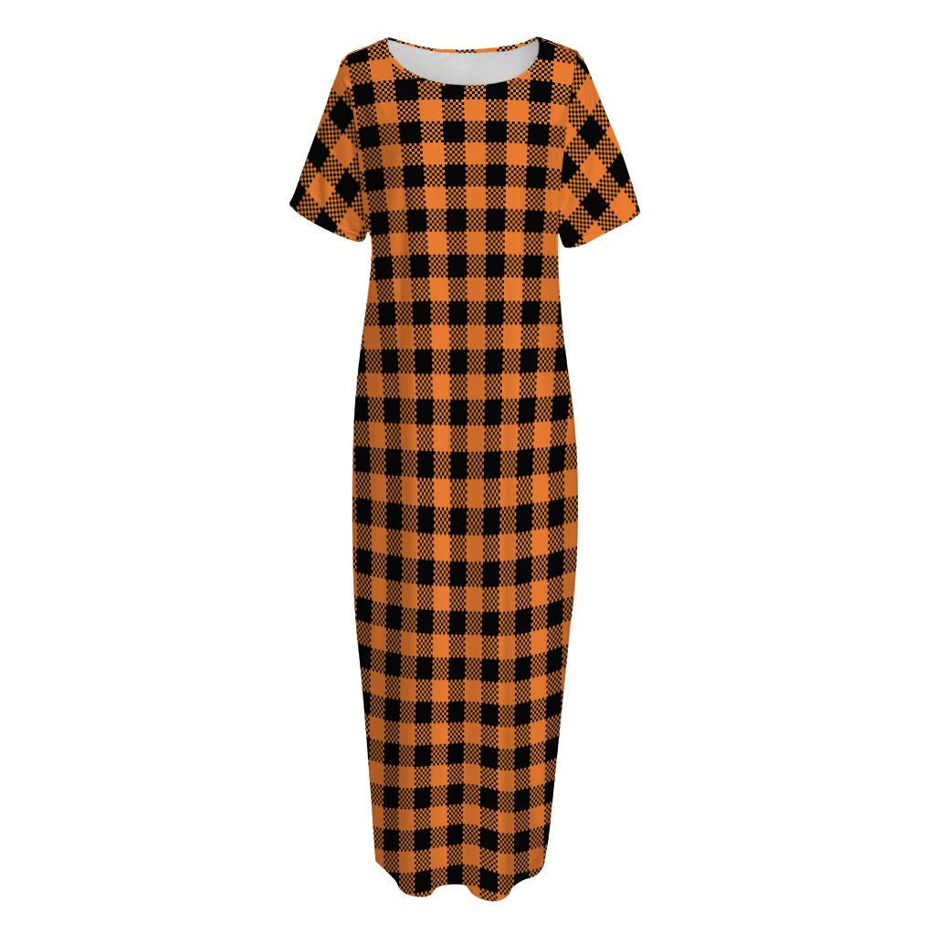 Orange Buffalo Plaid Print Short Sleeve Long Nightdress